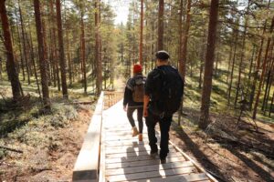Mies ja nainen kävelemässä portaita Rokuan metsässä.